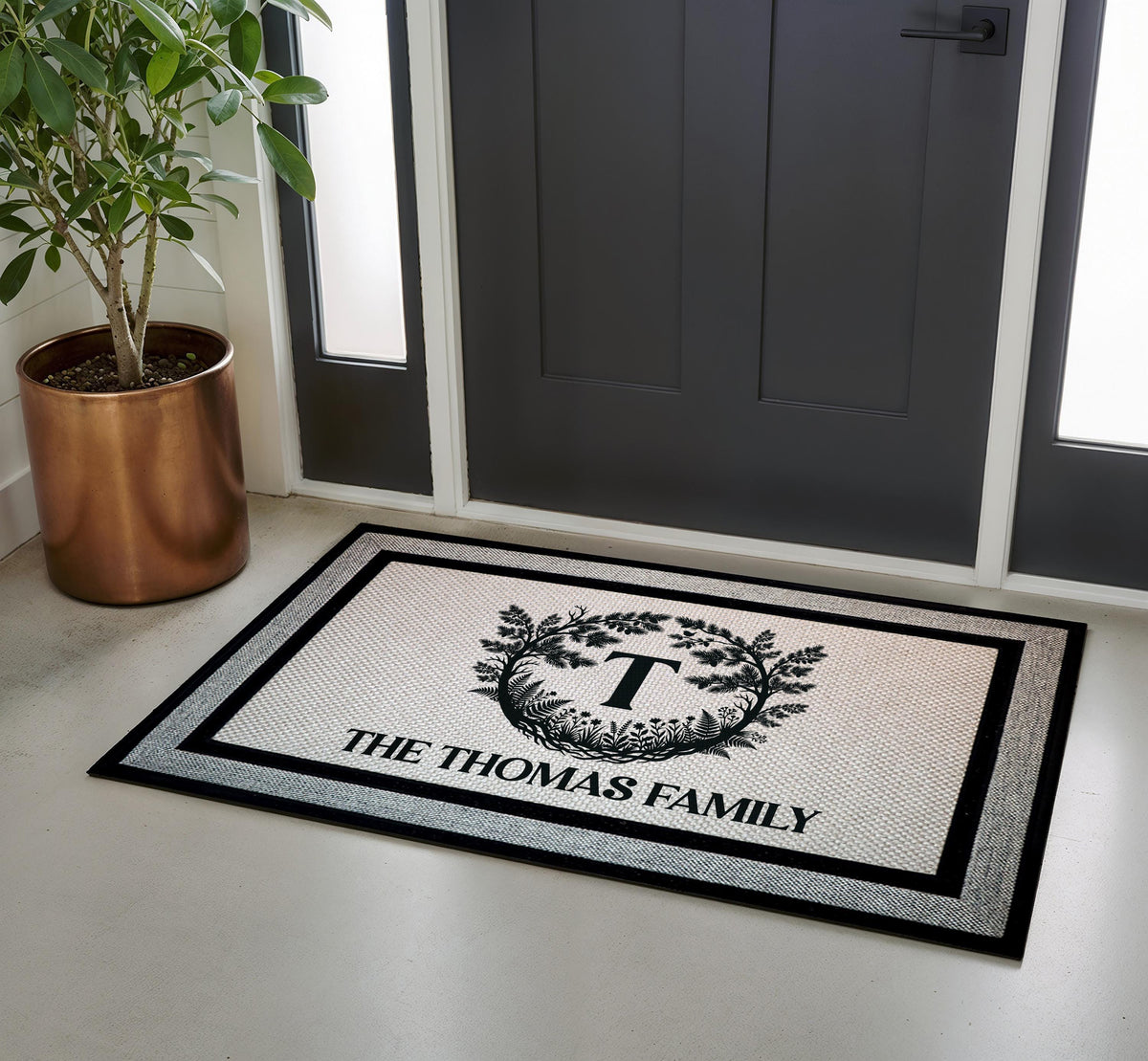 Custom Family Name Floral Wreath Doormat, Elegant Welcome Mat, Housewarming Gift Rug