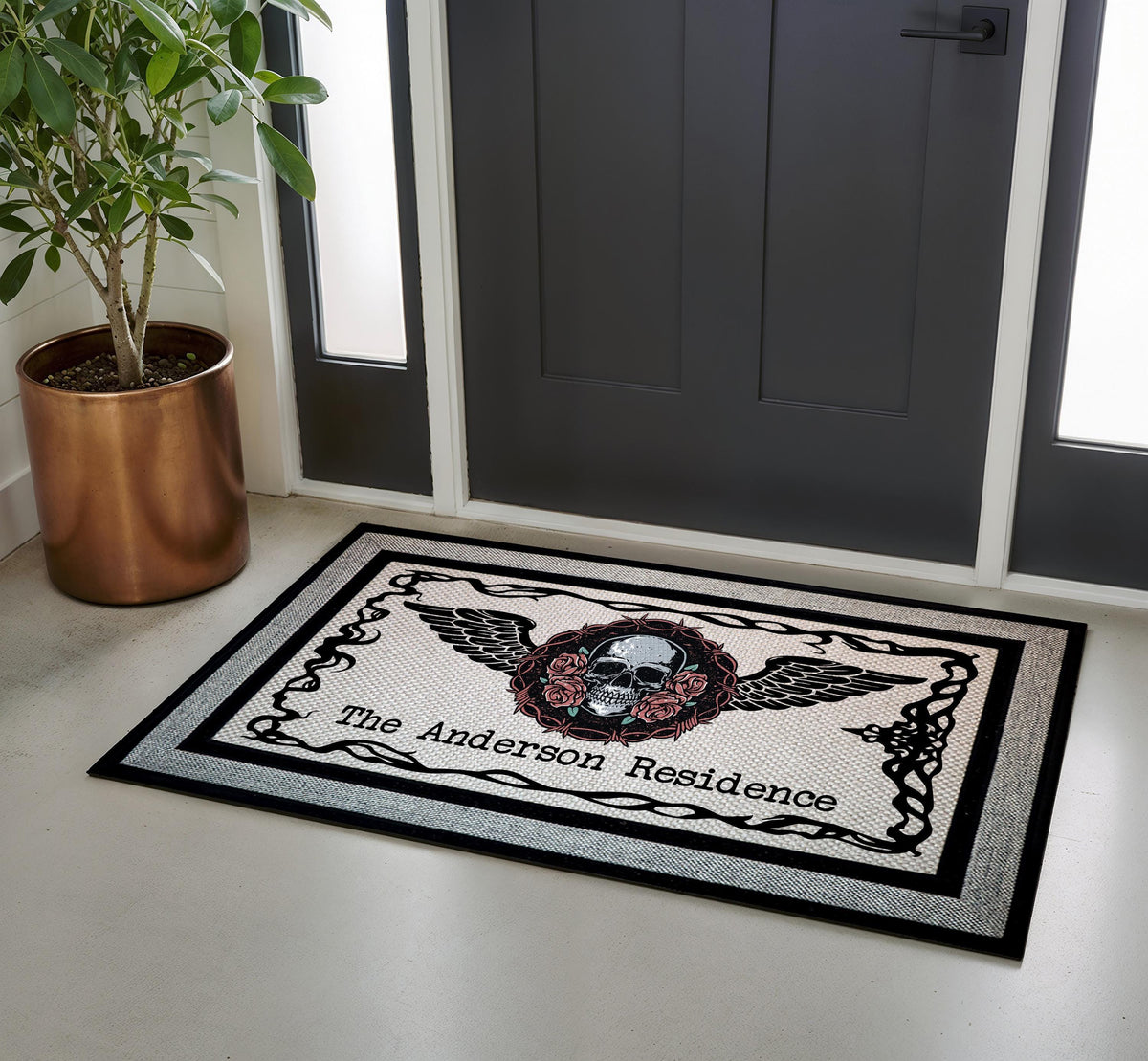 Personalized Gothic Skull Roses Doormat, Old School Tattoo Welcome Mat