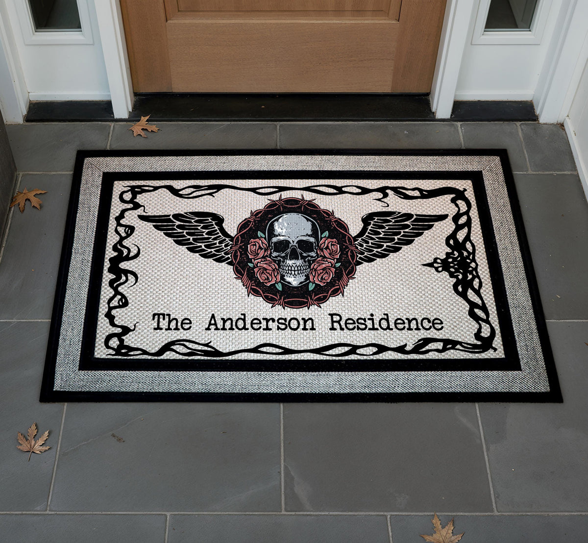 Personalized Gothic Skull Roses Doormat, Old School Tattoo Welcome Mat