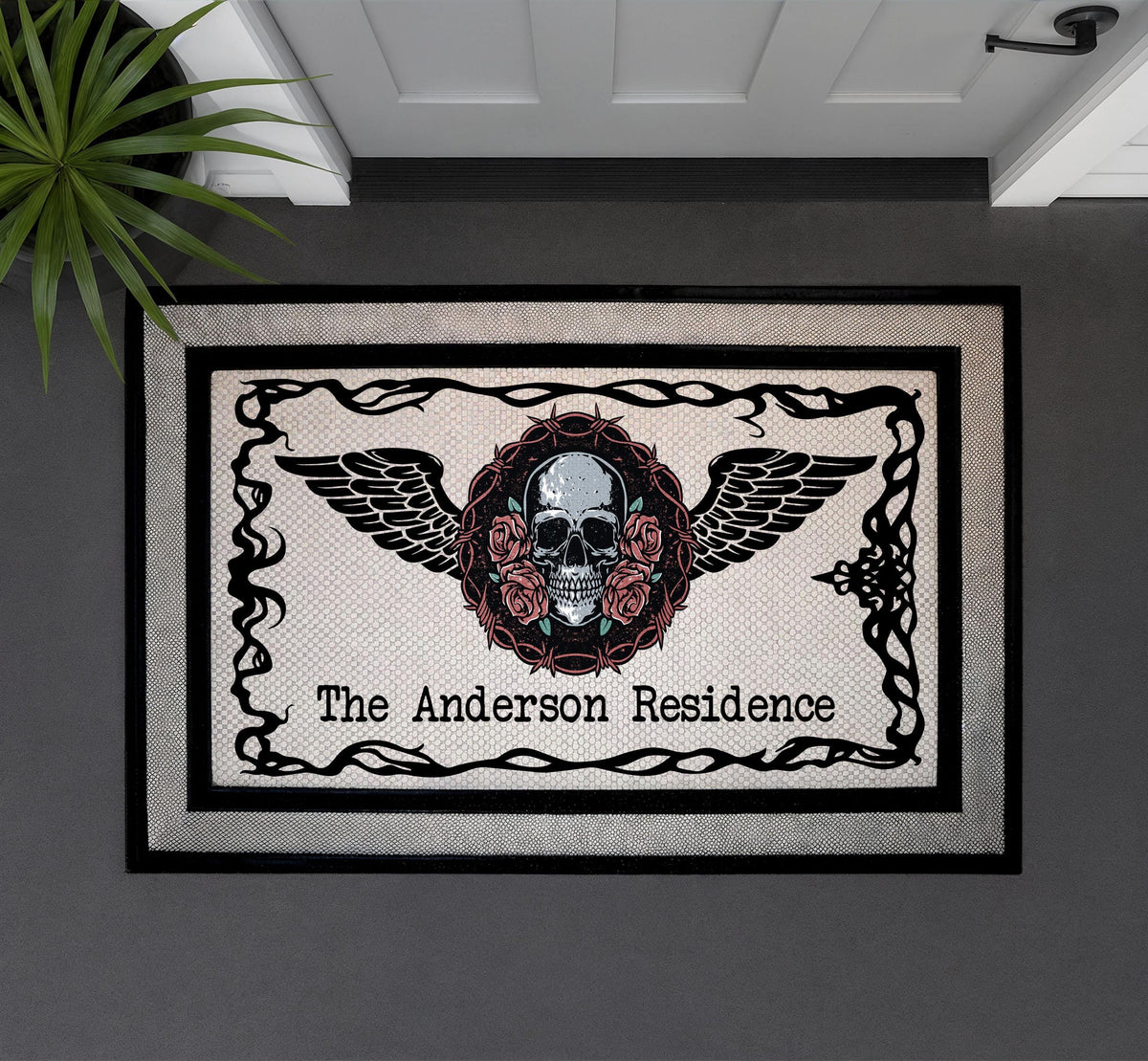 Personalized Gothic Skull Roses Doormat, Old School Tattoo Welcome Mat
