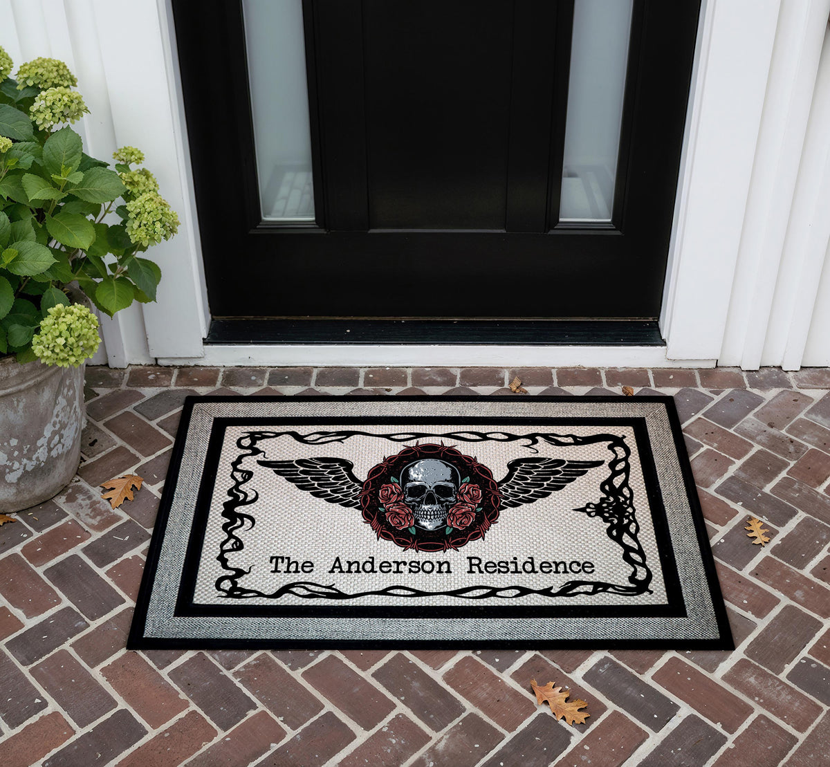 Personalized Gothic Skull Roses Doormat, Old School Tattoo Welcome Mat