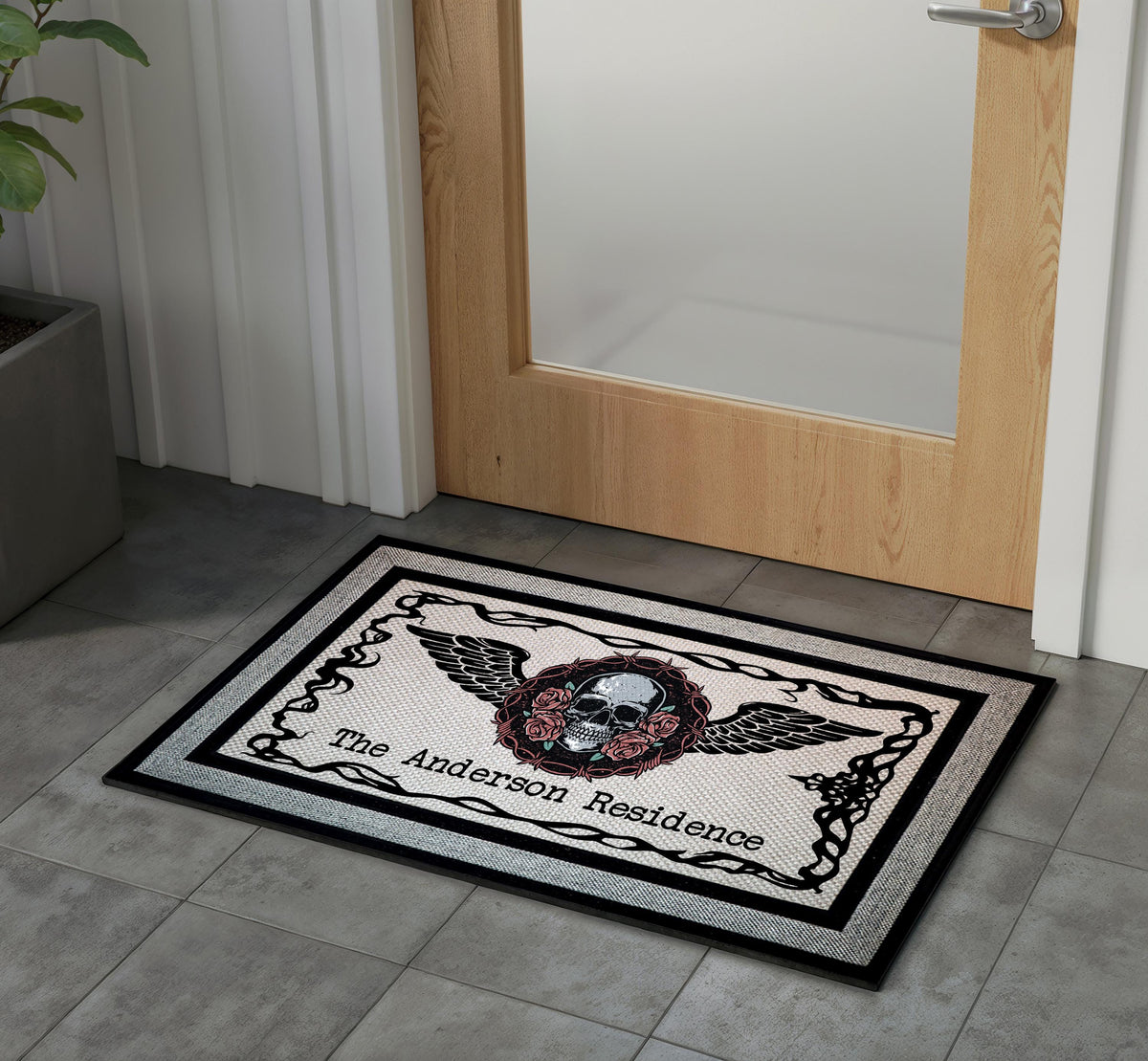 Personalized Gothic Skull Roses Doormat, Old School Tattoo Welcome Mat