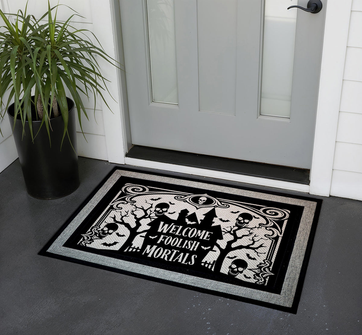 Welcome Foolish Mortals Haunted House Doormat, Spooky Skulls Halloween Door Mat