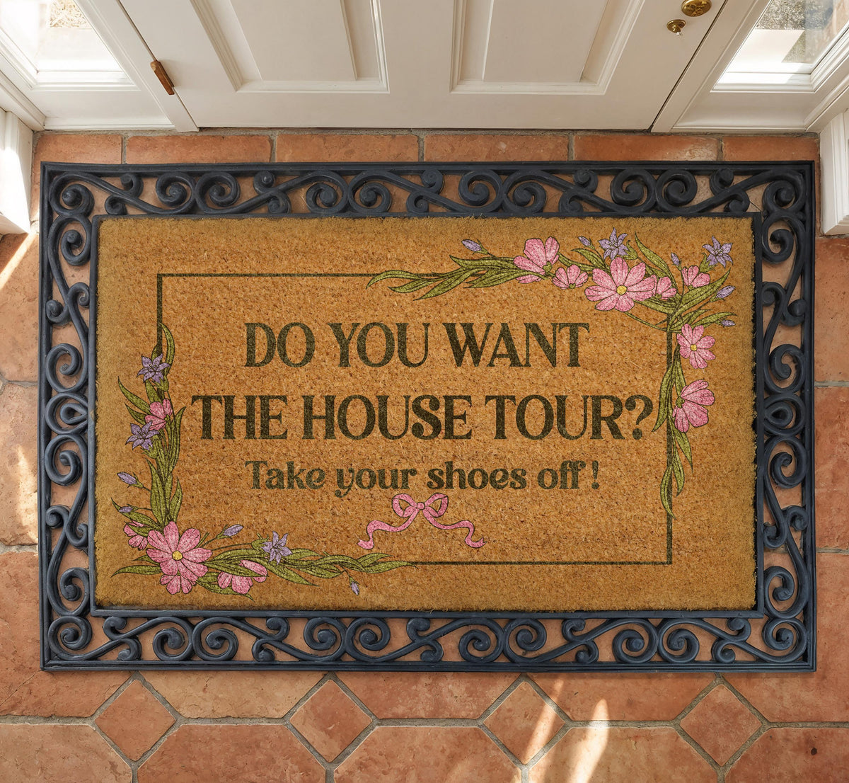 Do You Want The House Tour Doormat, Take Your Shoes Off Welcome Mat, Floral Housewarming Gift