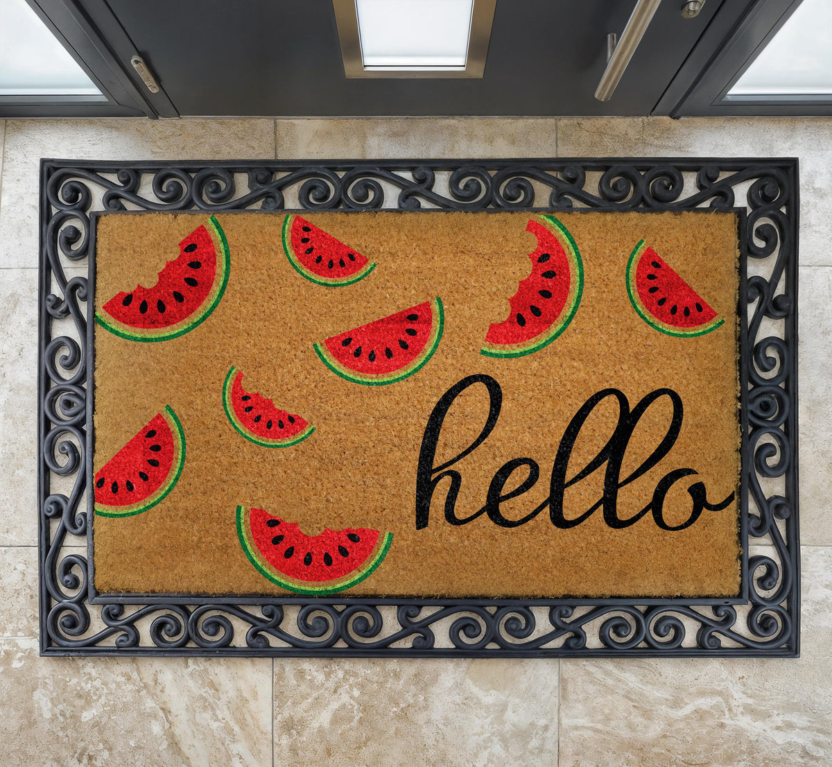 Personalized Watermelon Hello Doormat, Summer Fruit Welcome Mat, Family Name Housewarming Gift