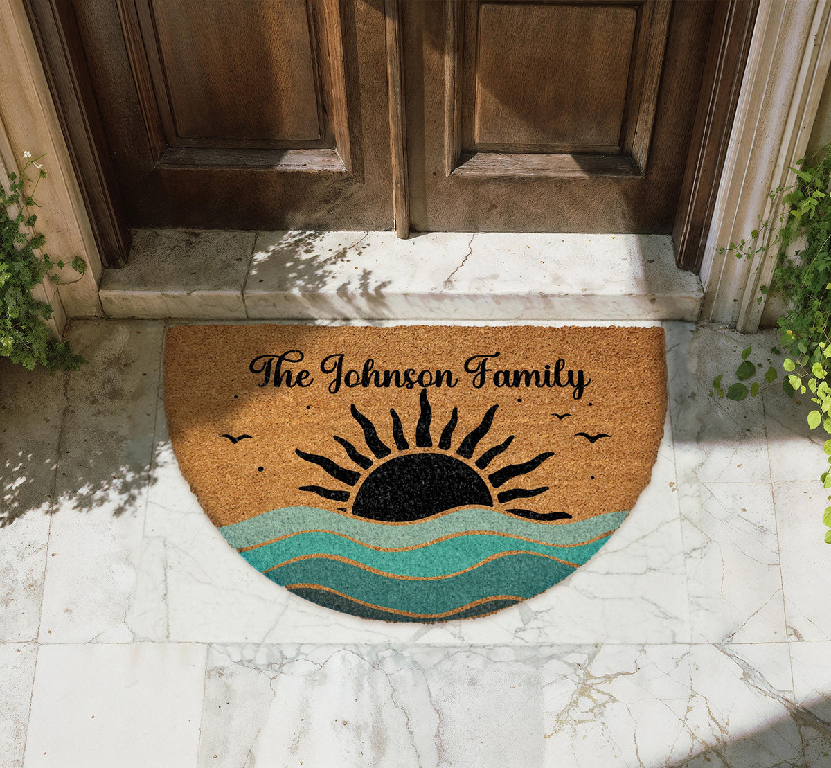 Custom Ocean Waves And Sun Doormat, Coastal Welcome Mat, Summer Sunset Housewarming Gift