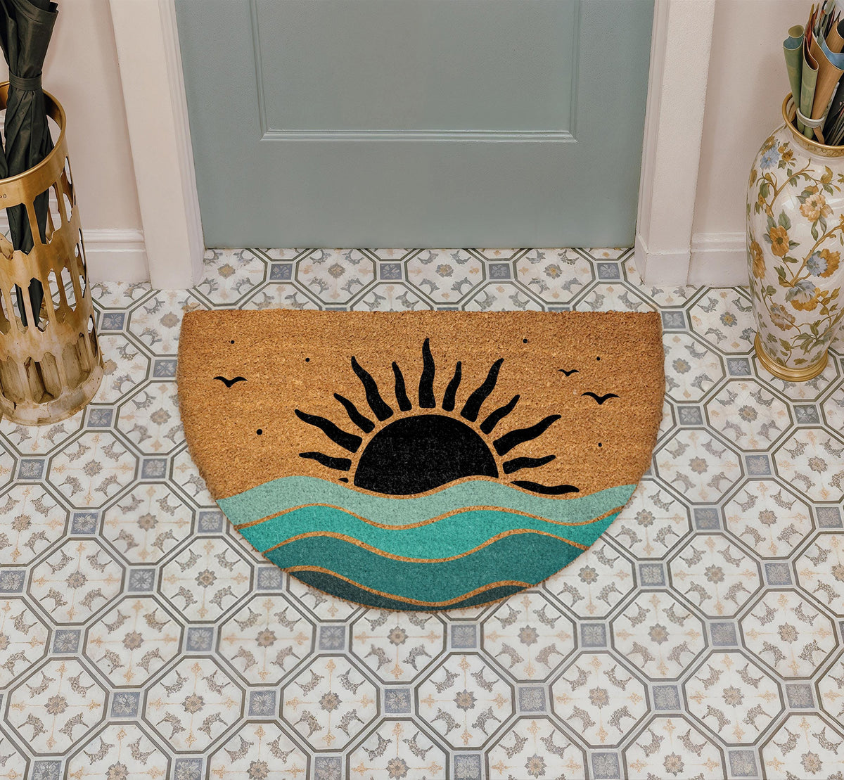 Custom Ocean Waves And Sun Doormat, Coastal Welcome Mat, Summer Sunset Housewarming Gift