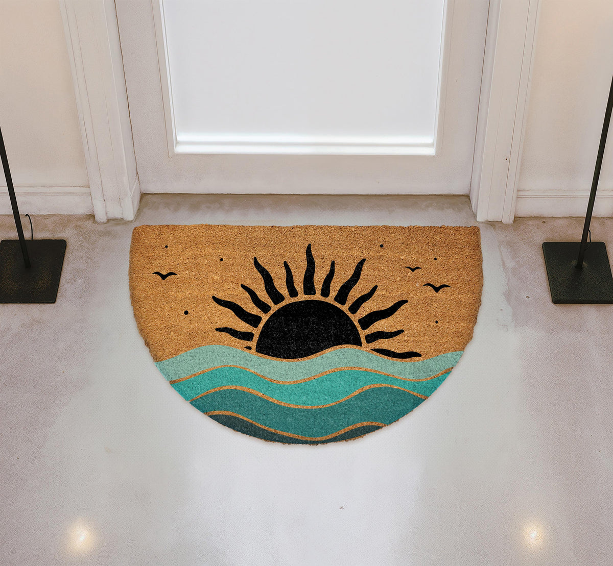 Custom Ocean Waves And Sun Doormat, Coastal Welcome Mat, Summer Sunset Housewarming Gift