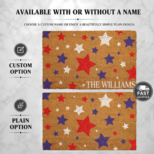 Custom Red White & Blue Star Doormat, Patriotic Welcome Mat, 4th of July Decor