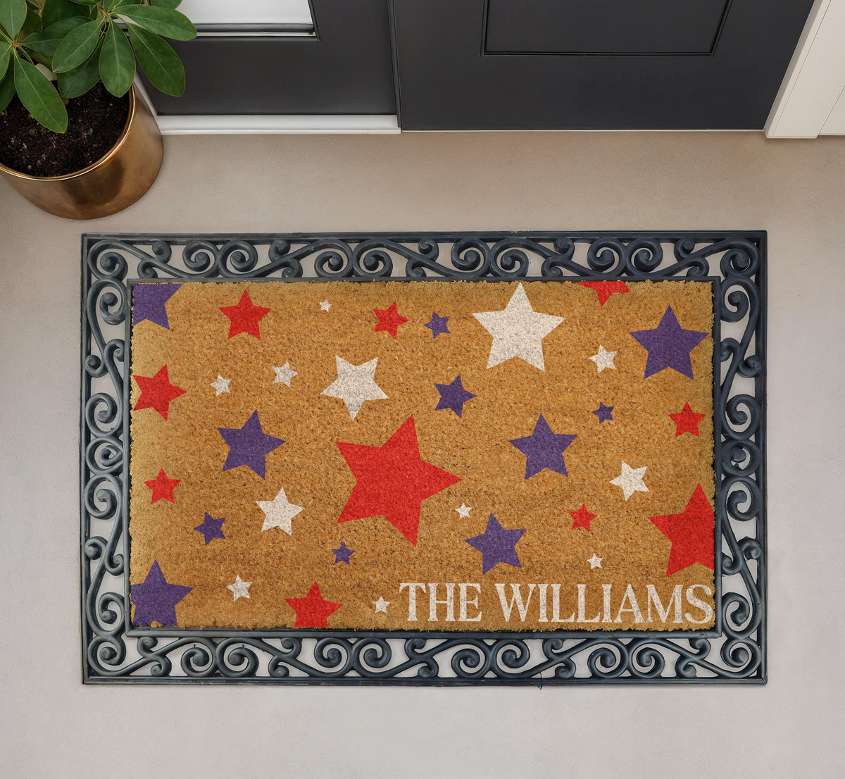 Custom Red White & Blue Star Doormat, Patriotic Welcome Mat, 4th of July Decor