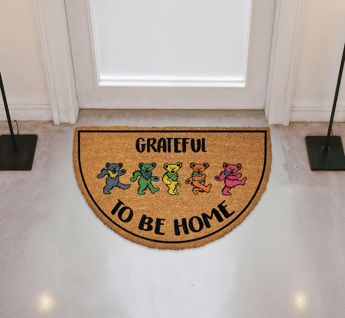 Grateful To Be Home Doormat, Colorful Dancing Bears Welcome Mat, Hippie Style Housewarming Gift