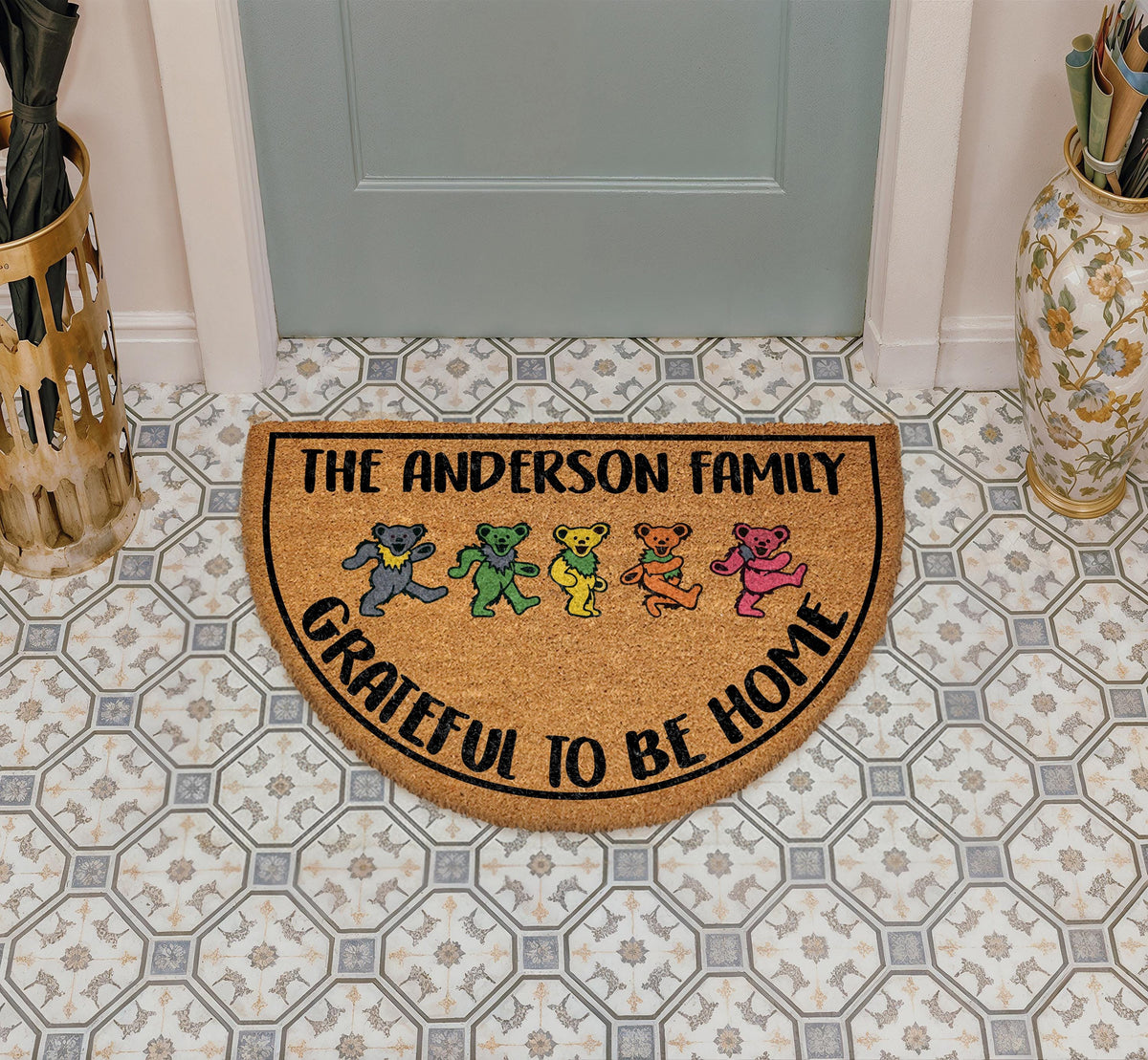 Grateful To Be Home Doormat, Colorful Dancing Bears Welcome Mat, Hippie Style Housewarming Gift