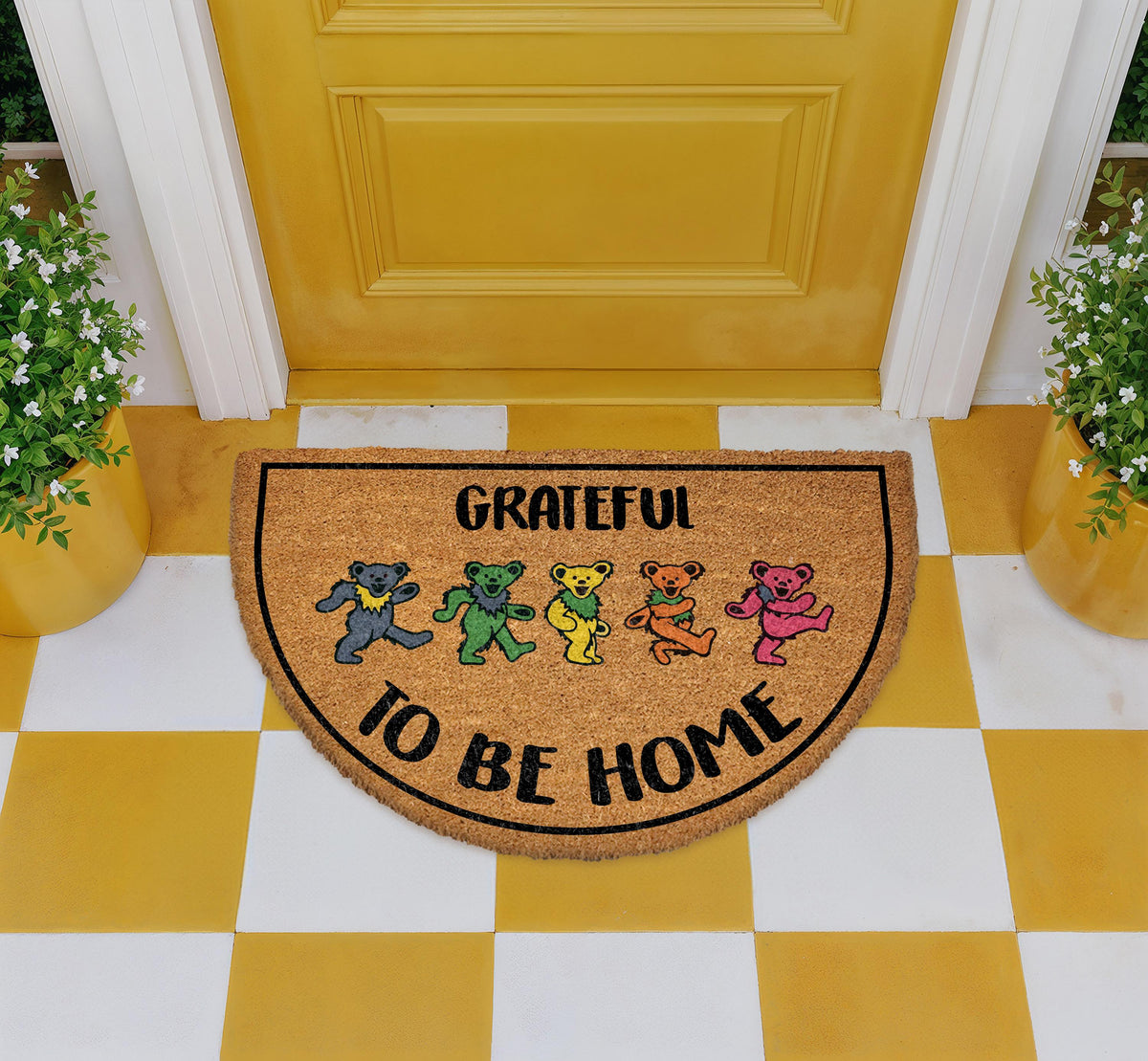 Grateful To Be Home Doormat, Colorful Dancing Bears Welcome Mat, Hippie Style Housewarming Gift