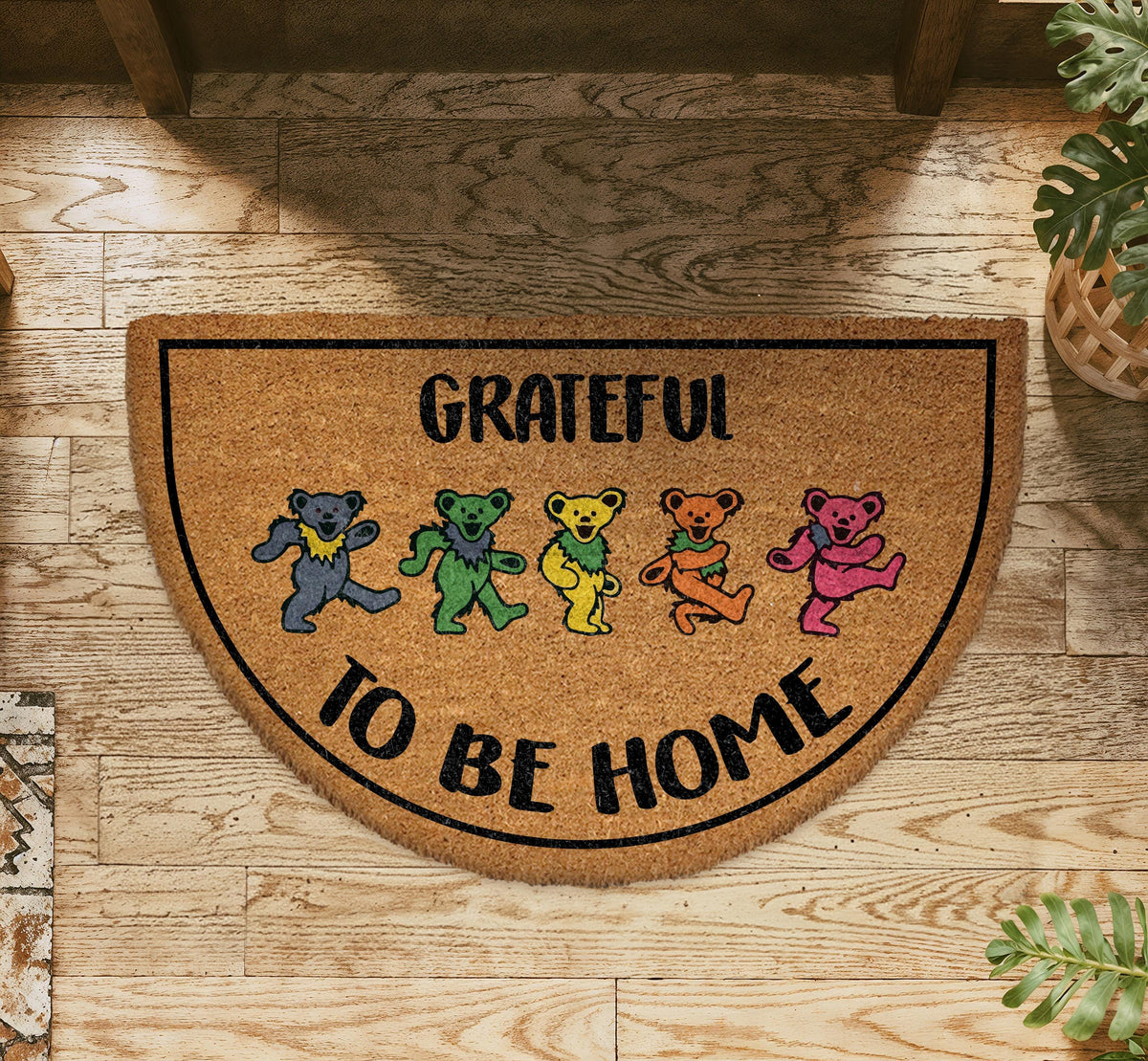 Grateful To Be Home Doormat, Colorful Dancing Bears Welcome Mat, Hippie Style Housewarming Gift