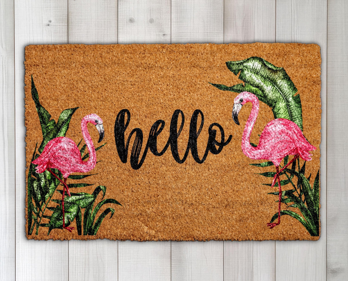 Pink Flamingo Doormat, Tropical Leaves Welcome Mat, Summer Housewarming Gift