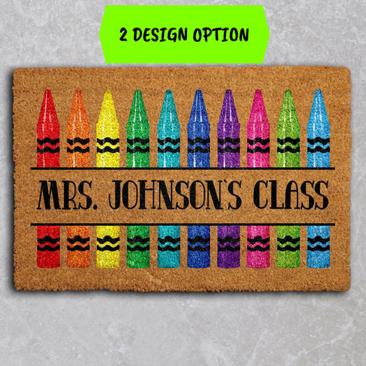 Personalized Crayon Design Classroom Doormat, Custom Teacher's Name Welcome Mat