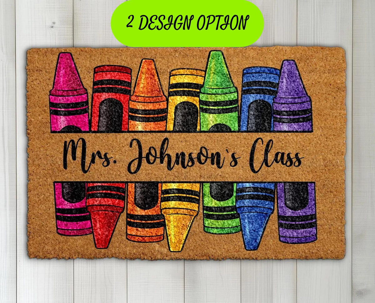 Personalized Crayon Design Classroom Doormat, Custom Teacher's Name Welcome Mat