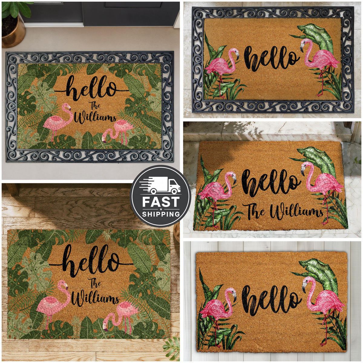 Pink Flamingo Doormat, Tropical Leaves Welcome Mat, Summer Housewarming Gift