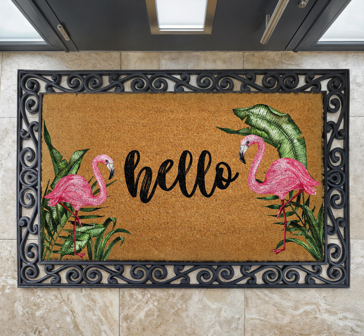 Pink Flamingo Doormat, Tropical Leaves Welcome Mat, Summer Housewarming Gift
