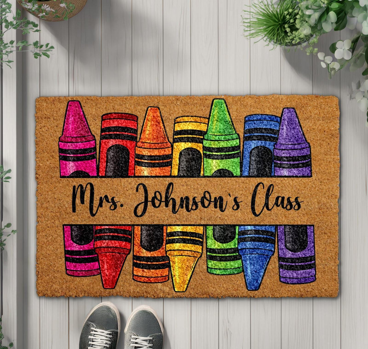 Personalized Crayon Design Classroom Doormat, Custom Teacher's Name Welcome Mat