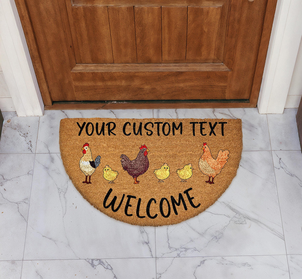 Personalized Family Name Chicken Doormat, Custom Text Farmhouse Welcome Mat