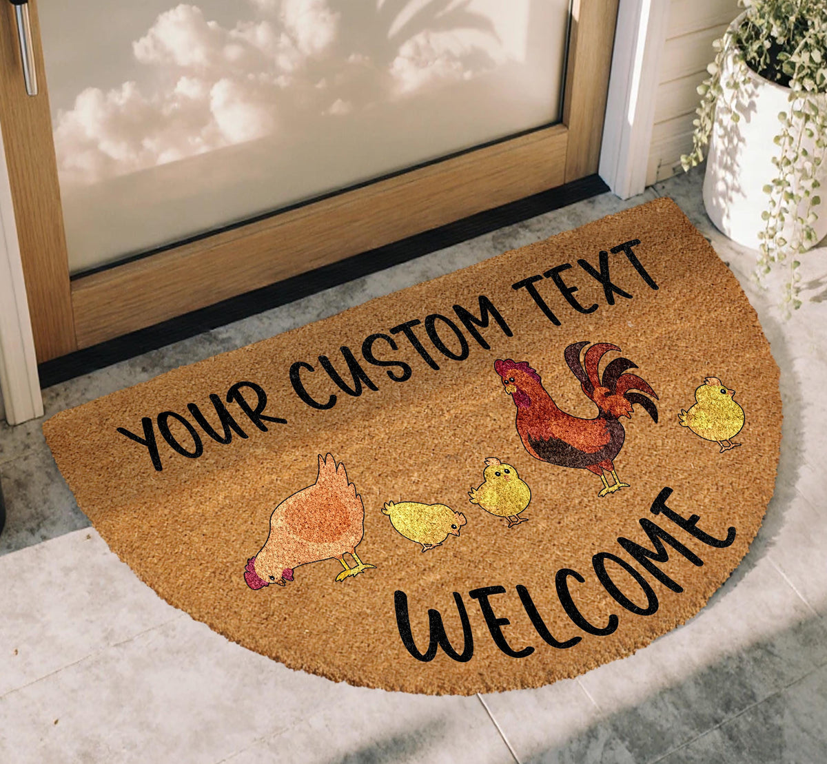Personalized Family Name Chicken Doormat, Custom Text Farmhouse Welcome Mat