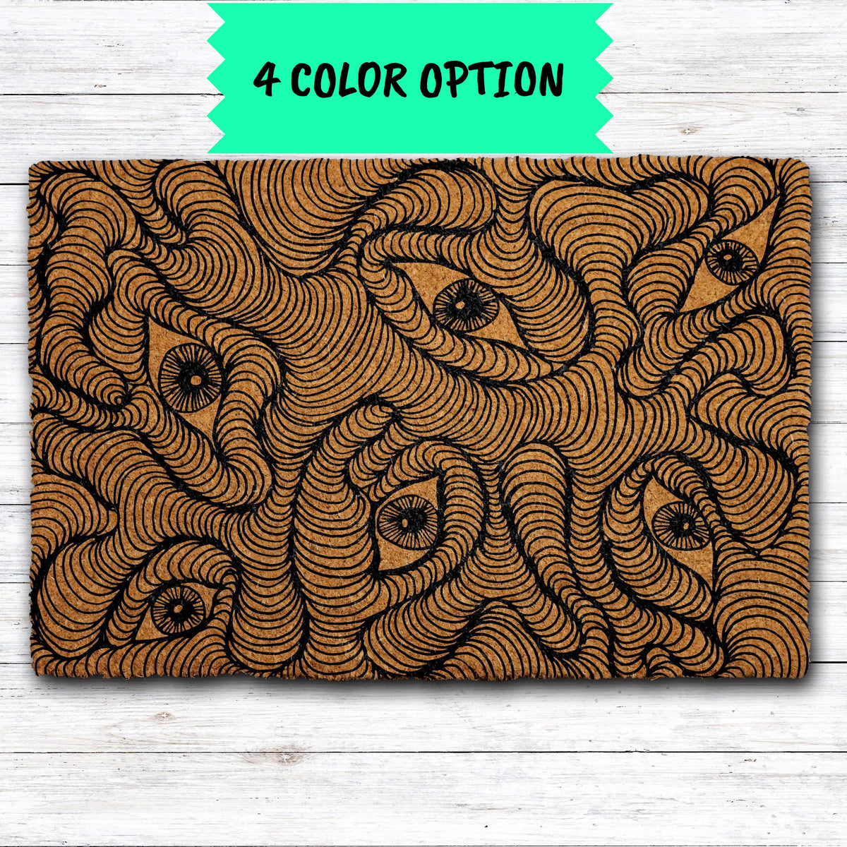 Abstract Line Art Doormat, Trippy Mystical Eyes Welcome Mat, Optical Illusion Front Porch Mat