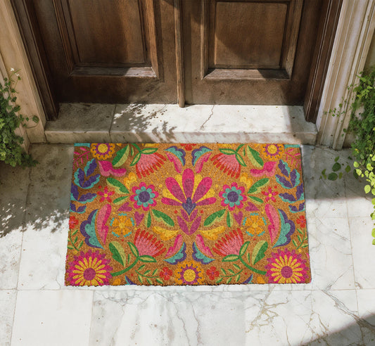 Vibrant Floral Coco Doormat, Vintage Flowers Door Mat, Colorful Entryway Welcome Mat