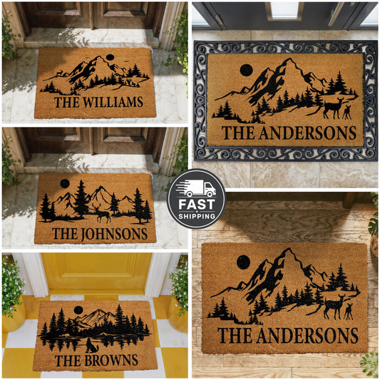 Personalized Mountain Doormat, Custom Family Name Welcome Mat