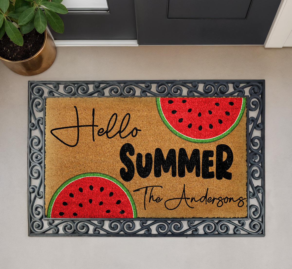 Hello Summer Watermelon Doormat, Summer Welcome Mat, Watermelon Design Coir Mat