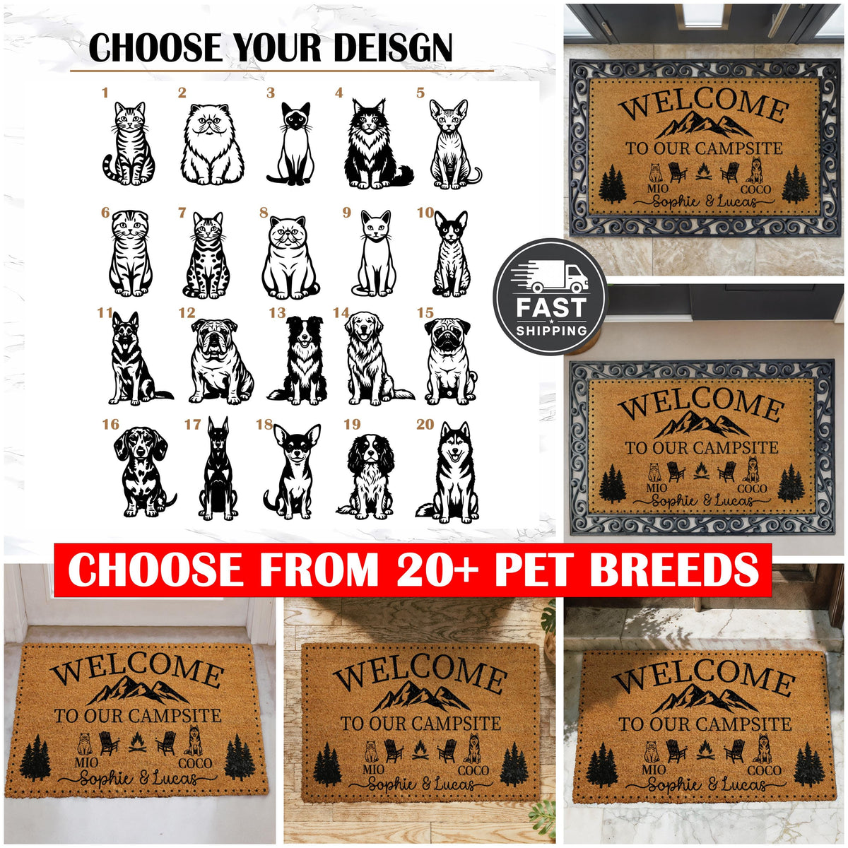Custom Welcome to Our Campsite Doormat, Personalized Couple's Names & Pets Name Door Mat