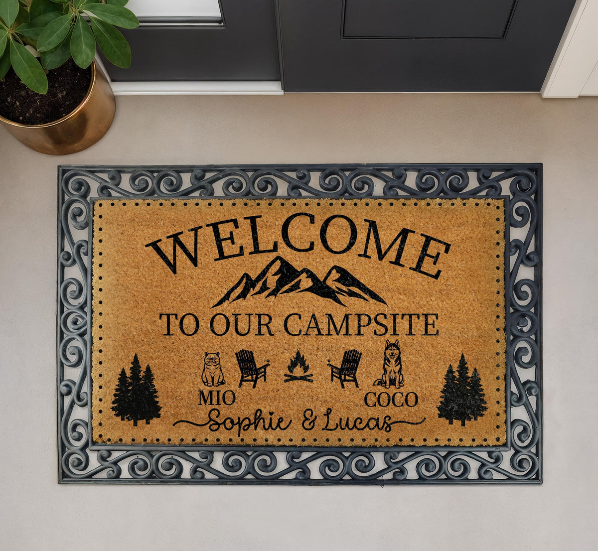 Custom Welcome to Our Campsite Doormat, Personalized Couple's Names & Pets Name Door Mat
