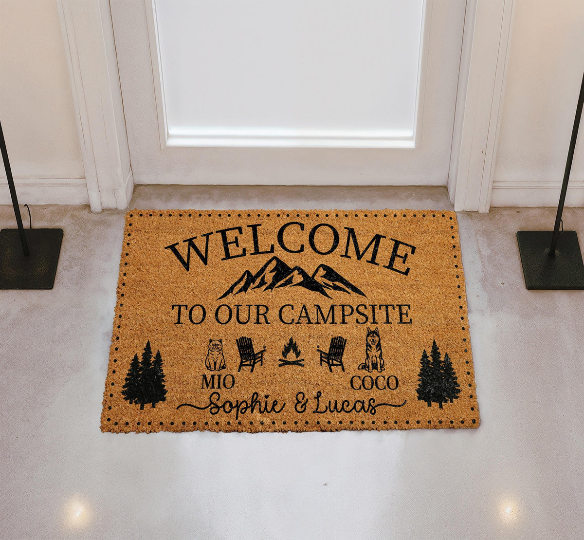 Custom Welcome to Our Campsite Doormat, Personalized Couple's Names & Pets Name Door Mat