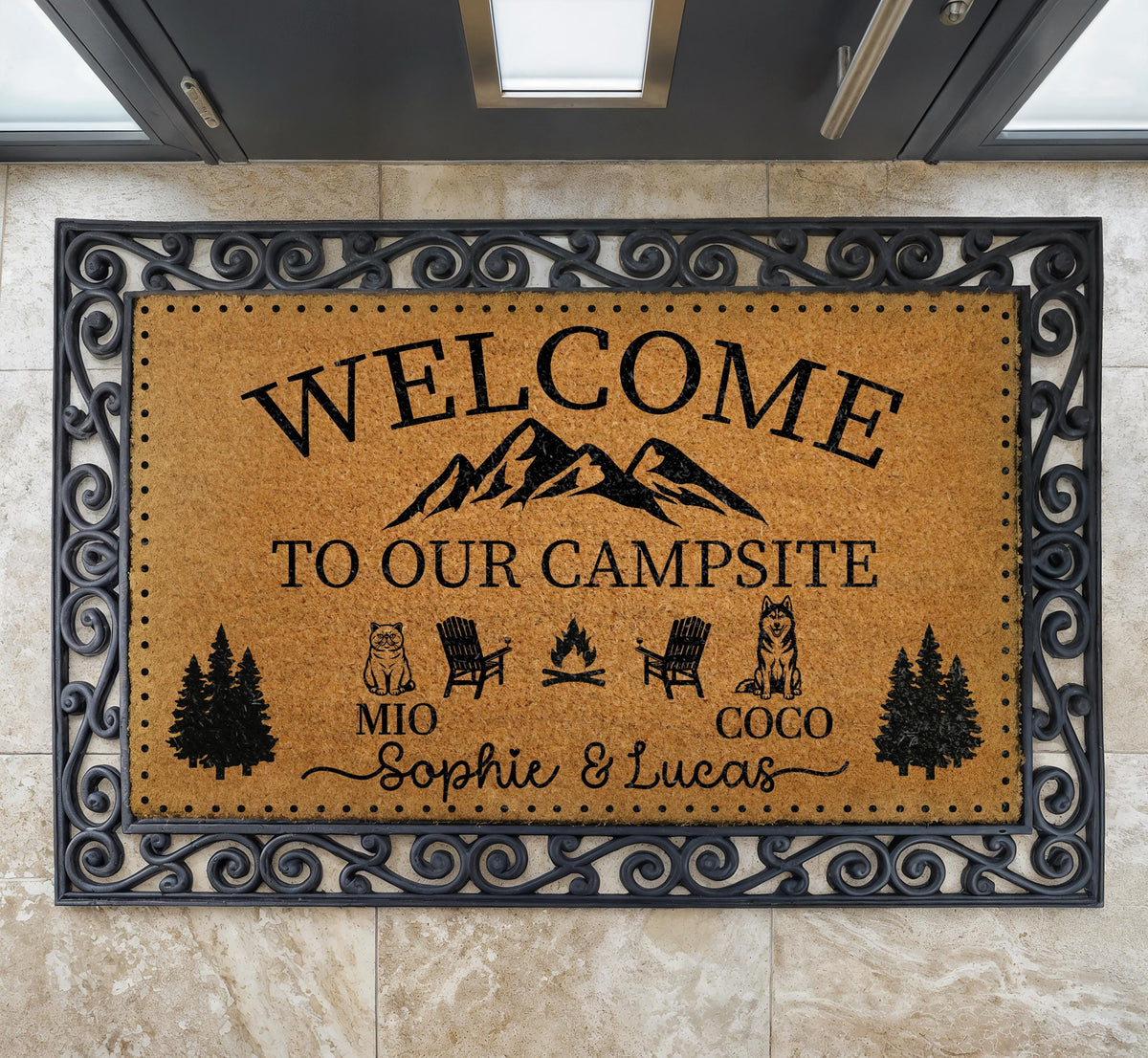 Custom Welcome to Our Campsite Doormat, Personalized Couple's Names & Pets Name Door Mat