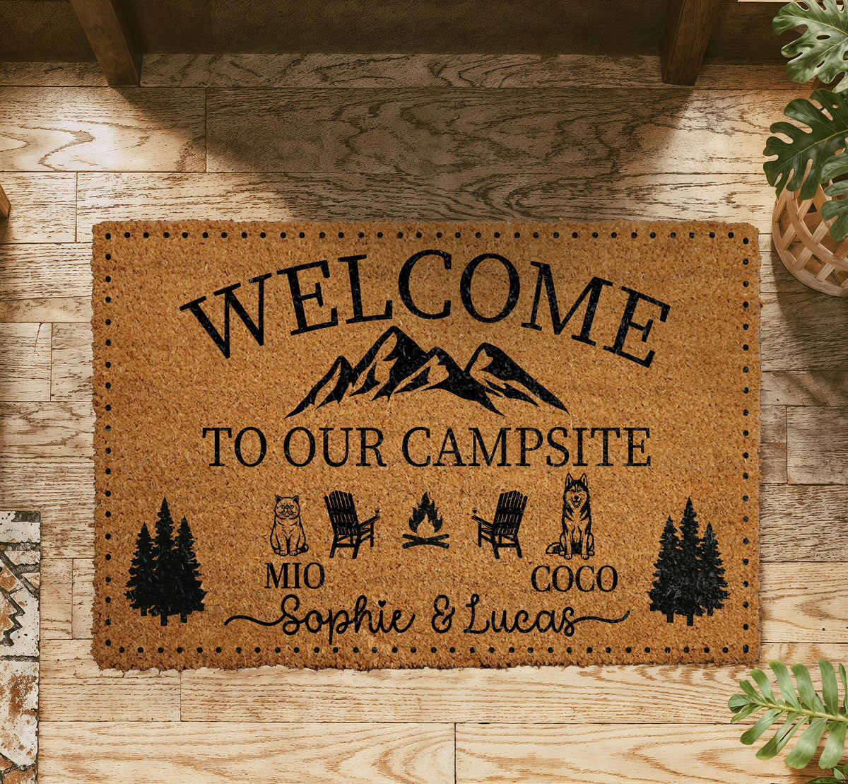 Custom Welcome to Our Campsite Doormat, Personalized Couple's Names & Pets Name Door Mat