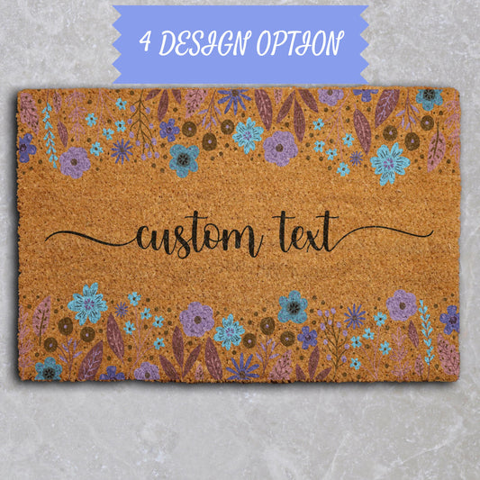 Custom Text & Color Floral Welcome Mat, Personalized Colorful Wildflower Doormat