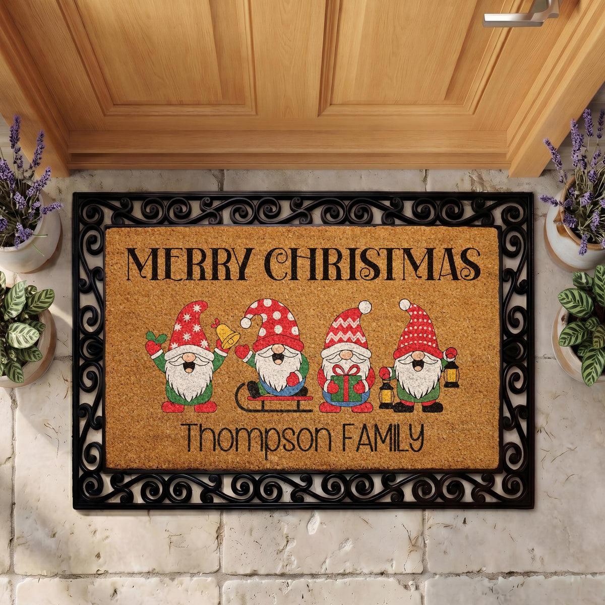 Personalized Merry Christmas Doormat, Custom Family Name Holiday Entryway Decor
