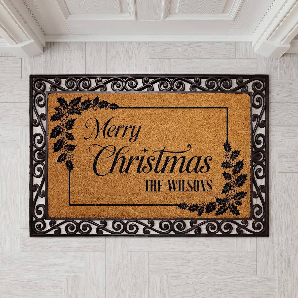 Personalized Merry Christmas Doormat, Custom Family Name Holiday Entryway Decor