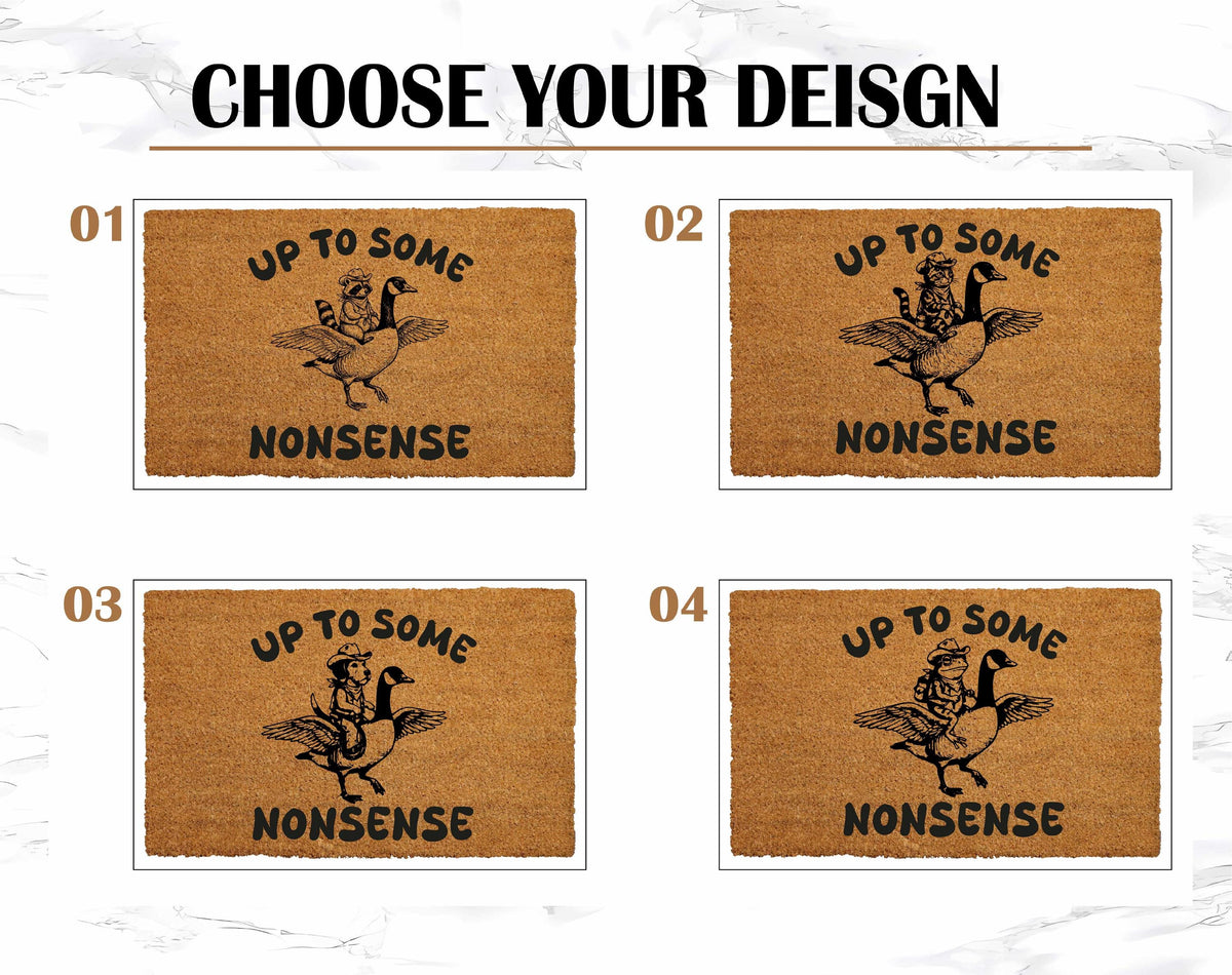 Up To Some Nonsense Doormat, Funny Raccoon Riding A Goose Welcome Mat