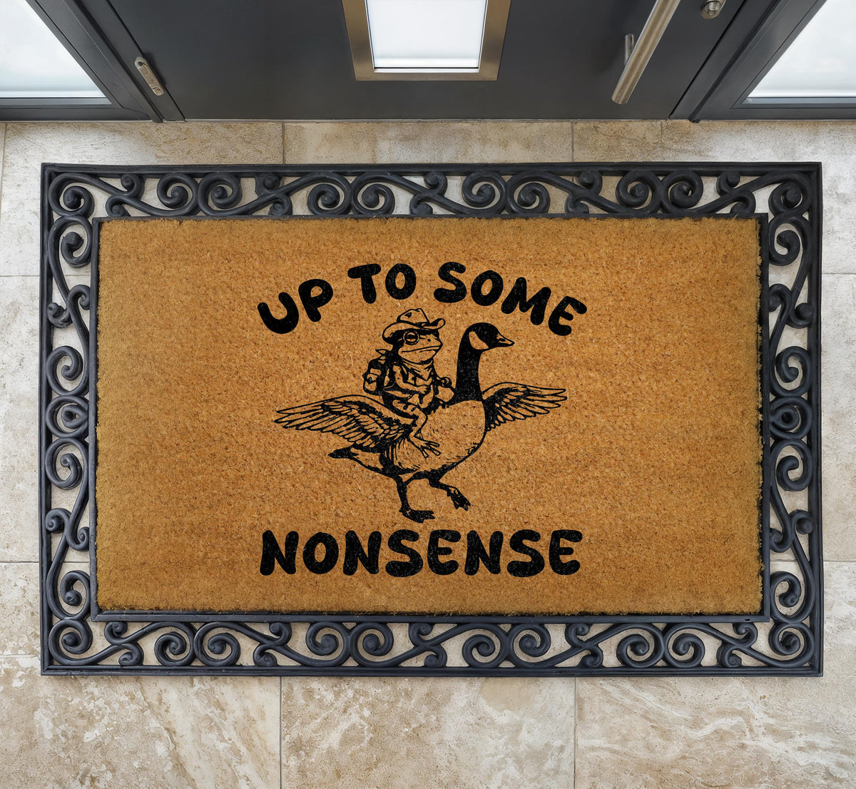 Up To Some Nonsense Doormat, Funny Raccoon Riding A Goose Welcome Mat
