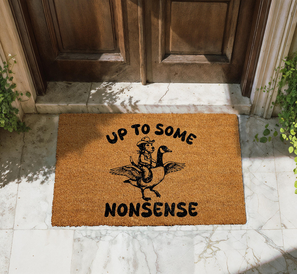 Up To Some Nonsense Doormat, Funny Raccoon Riding A Goose Welcome Mat