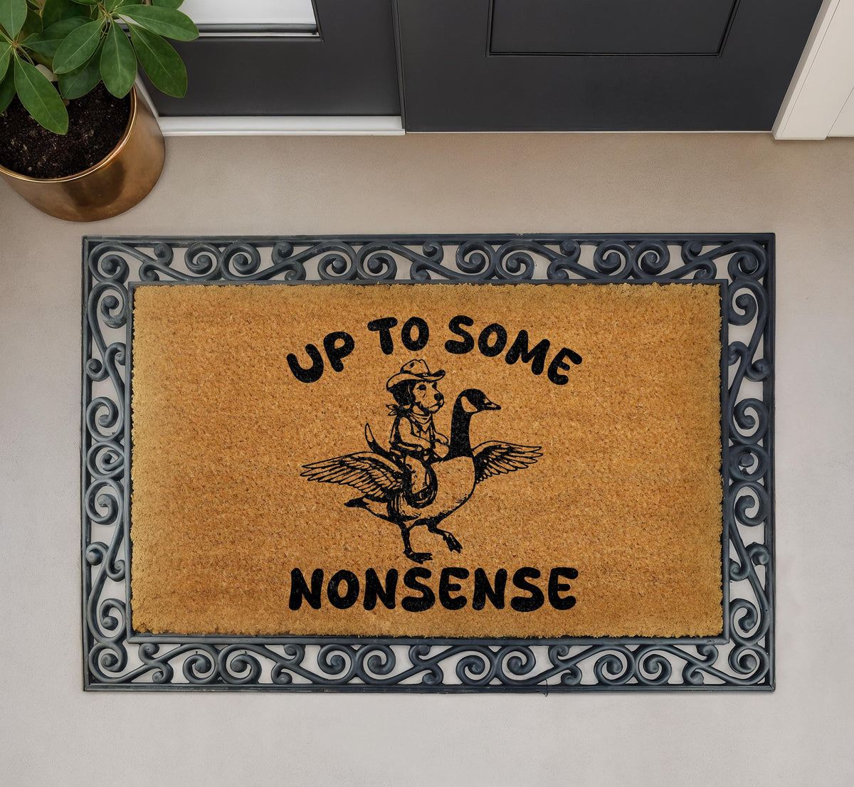 Up To Some Nonsense Doormat, Funny Raccoon Riding A Goose Welcome Mat