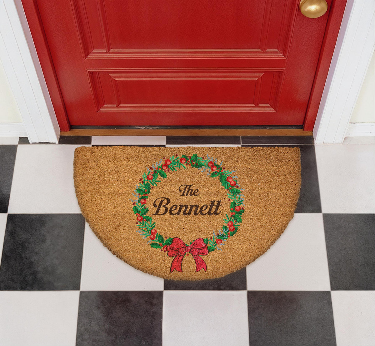 Personalized Christmas Wreath Doormat, Holly Berry Welcome Mat, Custom Xmas Home Gift