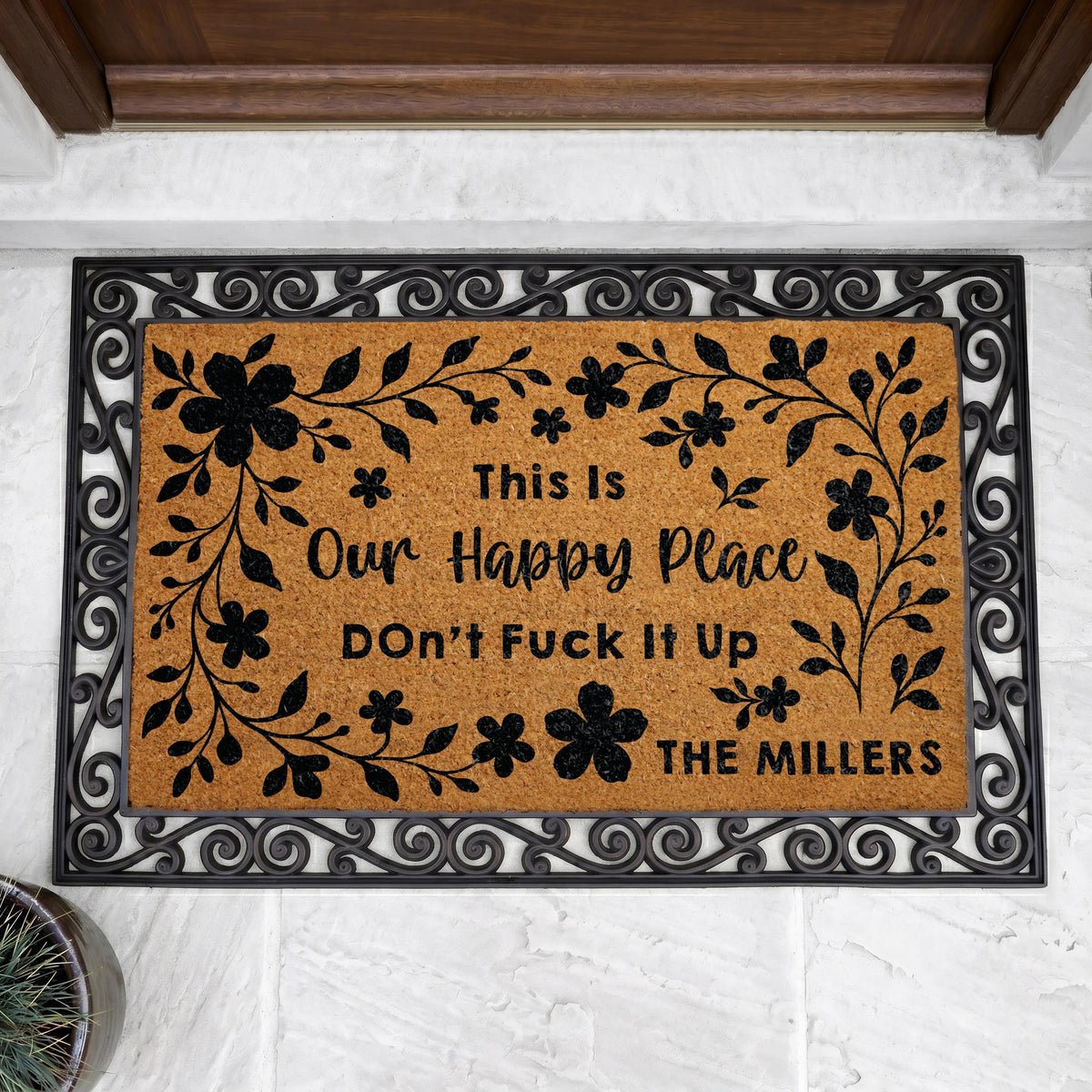 Custom Family Name Doormat, “Our Happy Place” Welcome Mat, Profanity Housewarming Gift