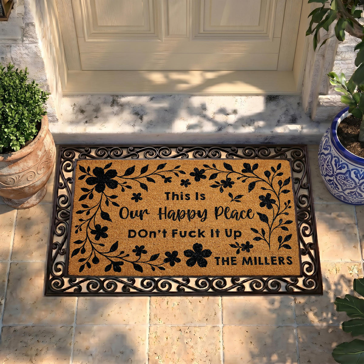 Custom Family Name Doormat, “Our Happy Place” Welcome Mat, Profanity Housewarming Gift
