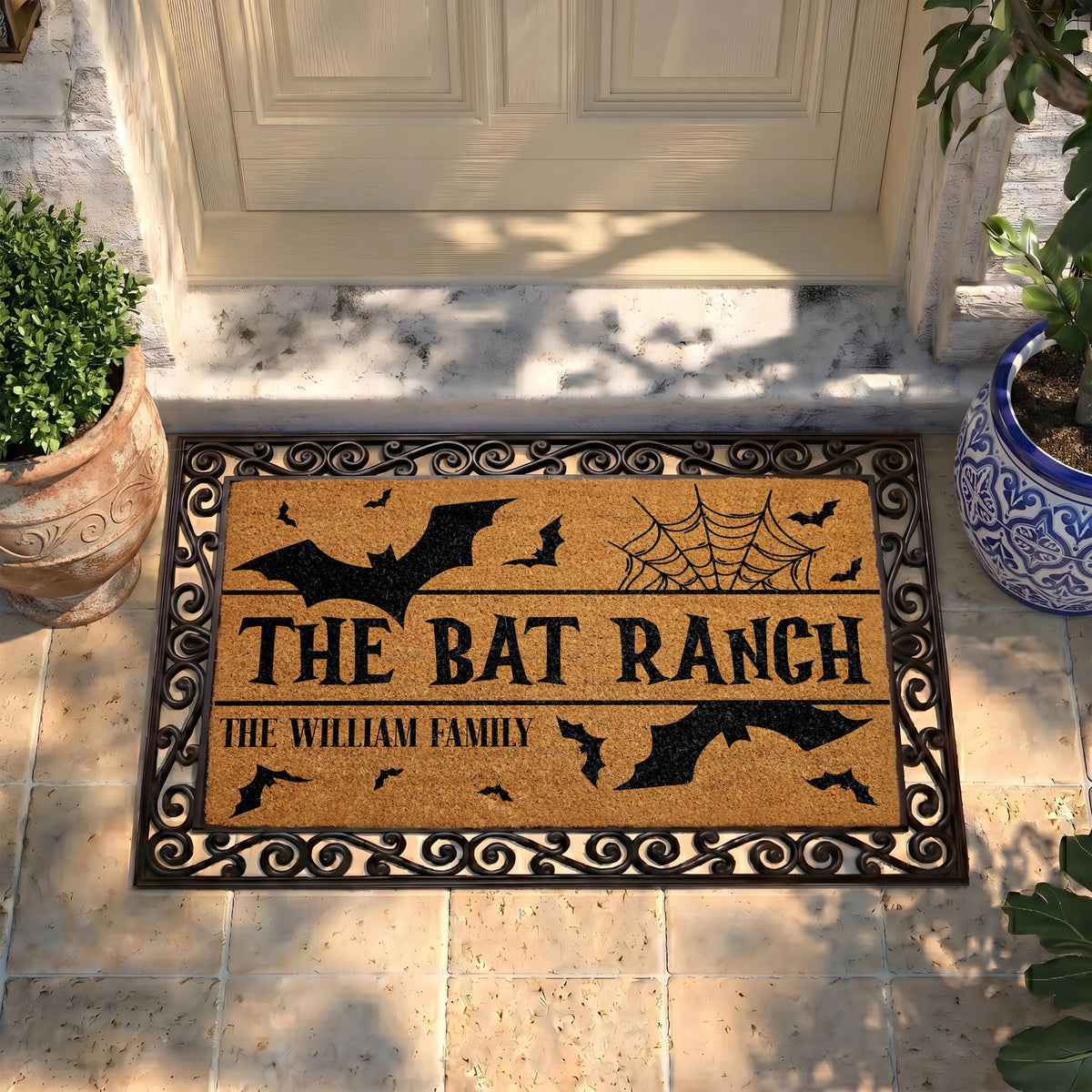 Personalized Spooky Bat Ranch Doormat, Gothic Halloween Welcome Mat
