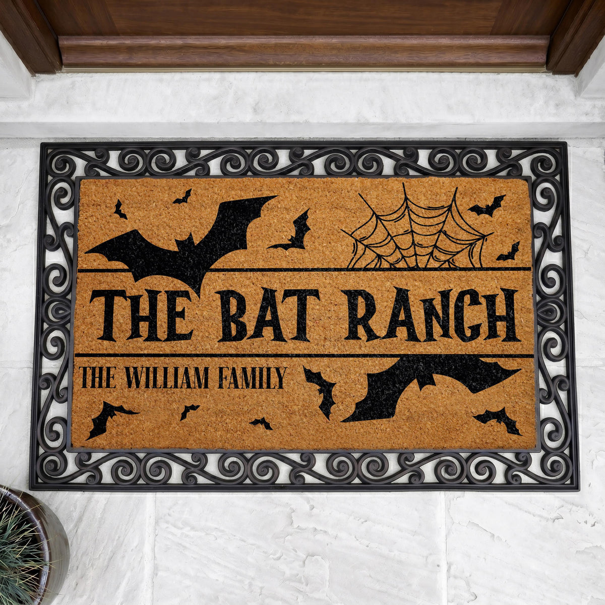Personalized Spooky Bat Ranch Doormat, Gothic Halloween Welcome Mat