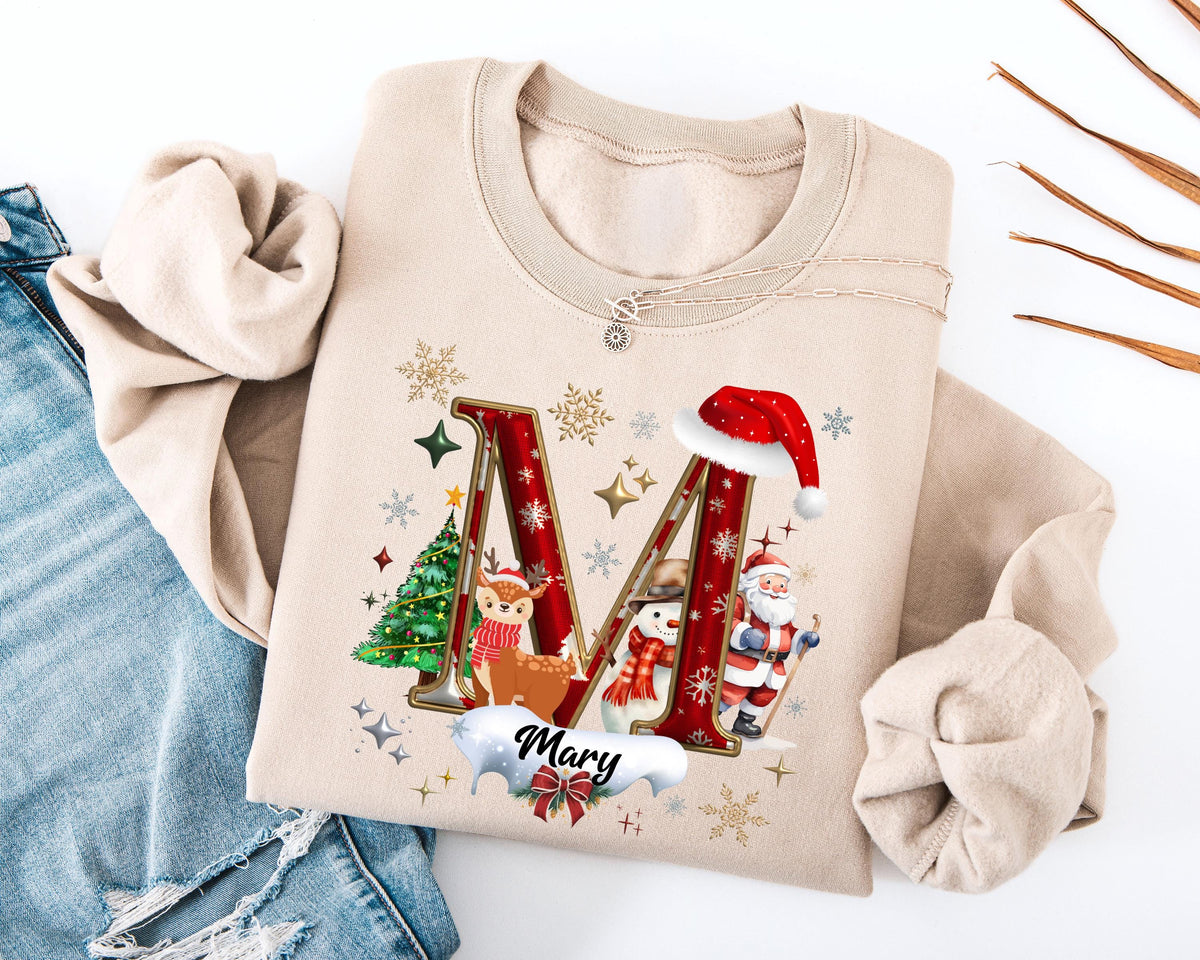 Personalized Christmas Letter T-shirt, Monogram Name Christmas Tee, Xmas Family Matching Sweat