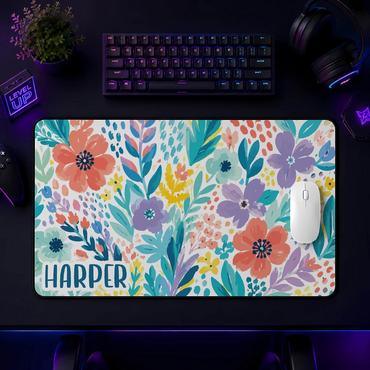 Personalized Boho Floral Desk Mat, Watercolor Flowers Mouse Pad, Custom Name Gaming Accessories