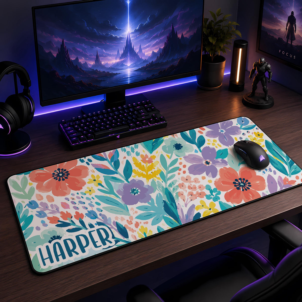 Personalized Boho Floral Desk Mat, Watercolor Flowers Mouse Pad, Custom Name Gaming Accessories